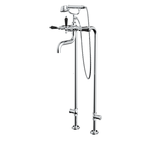 Floor Mount Tub Filler with Multifunction Hand Shower and Shut-off Valves (pair)